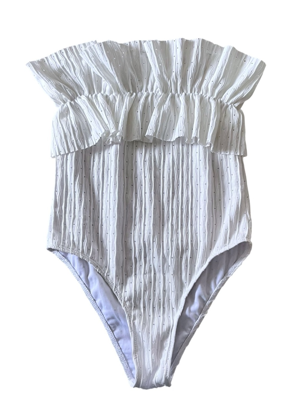 White Strapless Eyelet Ruffle One Piece Swimsuit